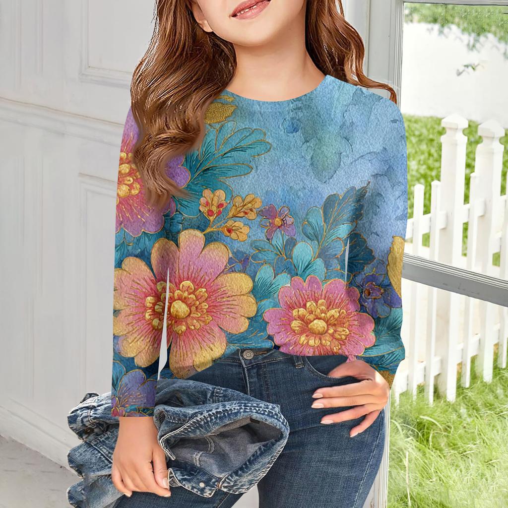 Футболки с длинным рукавом для девочек, детские осенние топы, с круглым вырезом, с принтом, базовые футболки