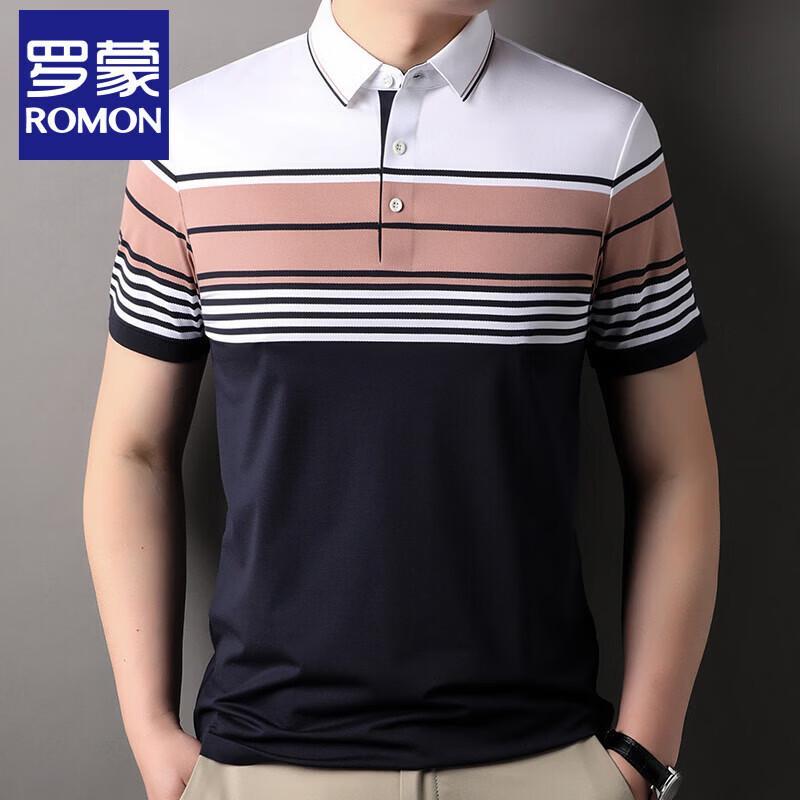 Romone Men's Striped Ice Silk Polo Shirt