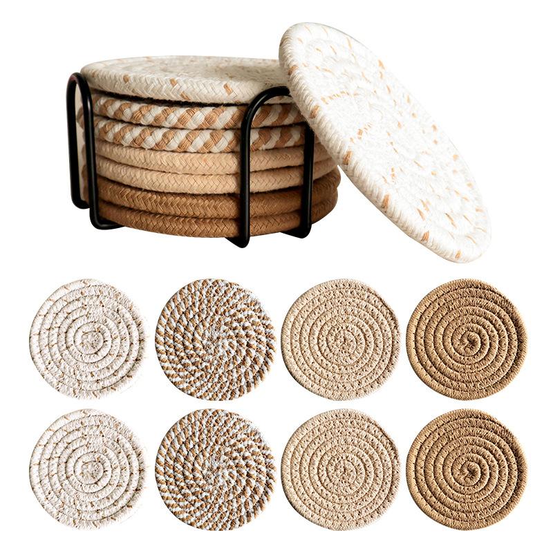 8Pcs Cup Coasters for Drinks Absorbent Woven Coaster Set with Holder Farmhouse Cloth Fabric Cup Coasters for Coffee Tea