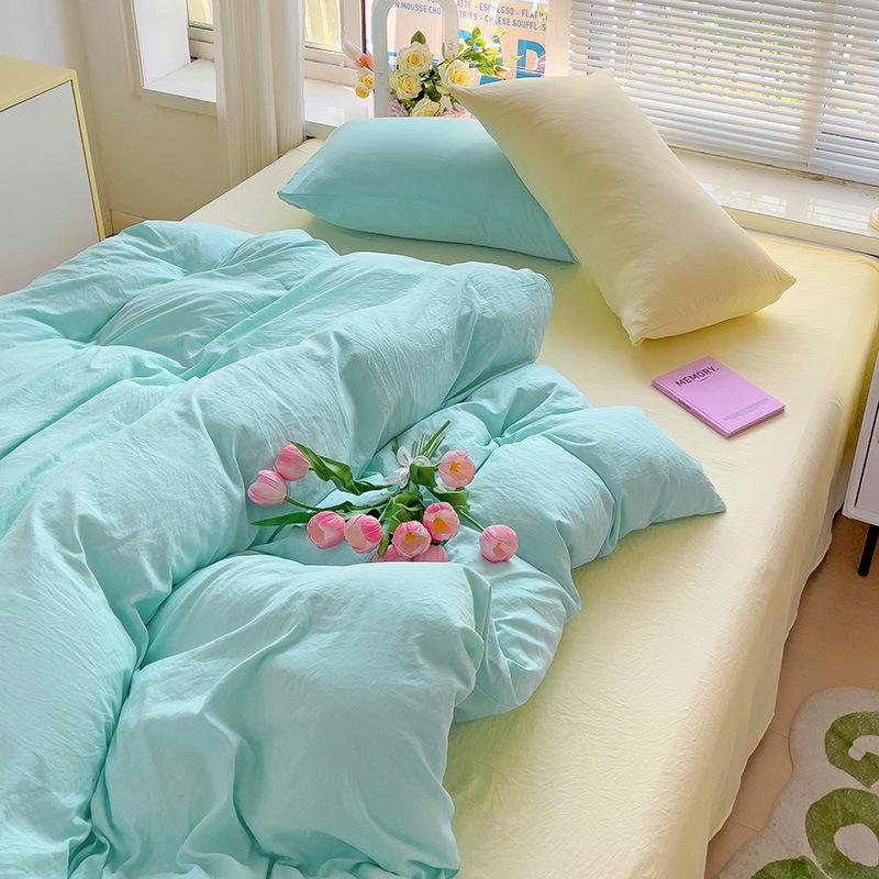 Washed Cotton 4-Pcs Set Class A Maternal Infant Grade Solid Color Single Quilt Set, Bed Sheet 4-Pcs Set, Small Fresh 3-Pcs Set