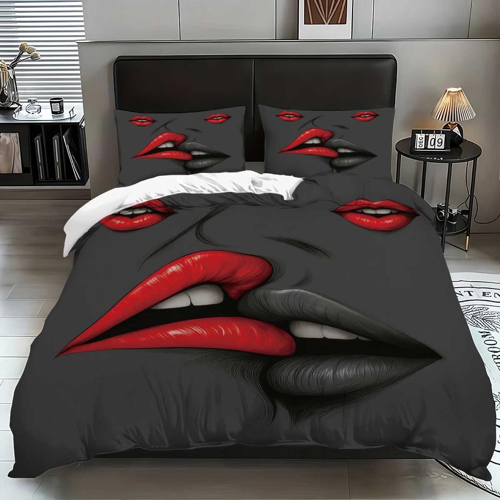 3pcs Lips Pattern Printed Bedding Set,1 Quilt Cover+2 Pillowcase, Suitable for Couples and Adults Bedroom, Home Decoration