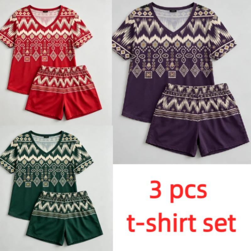 Summer Geometric Wavy Lines Pattern Printed V- Neck Short Sleeved T-Shirt And Shorts Set Women's and Men's T-shirt Shorts Set