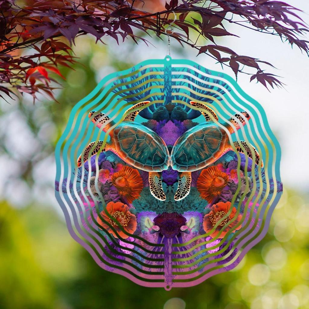 Turtle Floral Wind Chime 10 Inch Metal Outdoor Decor for Garden Balcony Vibrant Blue Green Orange Purple Hanging Ornament with 360 Swivel Hook
