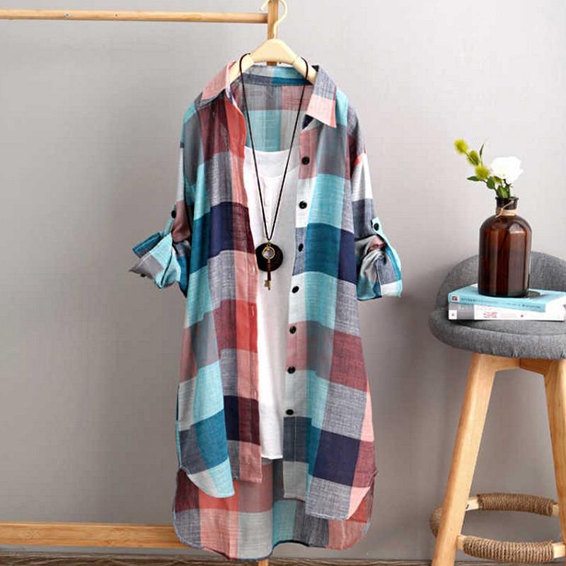Ladies Long Sleeve Check T Shirt Linen Tops Baggy Top Plus Size Tee Blouse Dress
