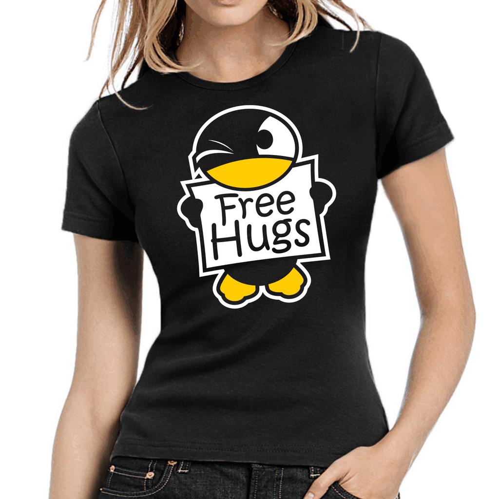 Free Hugs Penguin Penguin Cute Fun Comedy Cartoon Fun Lady Ladies Girlie T-Shirt Mens Womens Tees Top