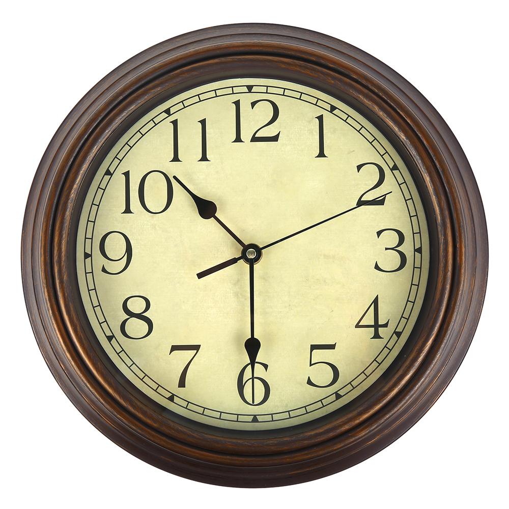 Vintage Round Imitation Wood Color Wall Clock Antique Gold Clock Study Room Kitchen Living Room Quiet Wall Clock Decor Supplies