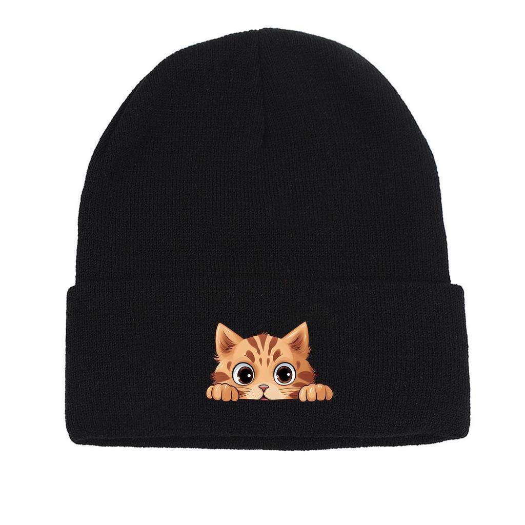 Cartoon Ginger Cat Winter Knit Cap Beanie, Animal Woman Cap Versatile Candy Color Sporting Pompom Beanies Knitted Hat Beanie