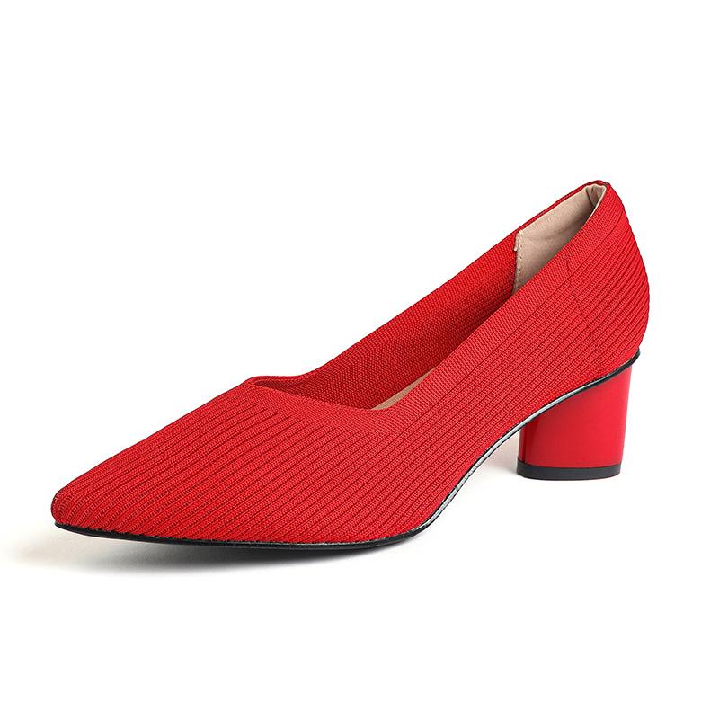 Мода 2025 Острый носок Средний каблук Дышащие Удобные Вязаные туфли Женские Неглубокий вырез Массивный каблук Мода Zapatos De Mujer Туфли-лодочки