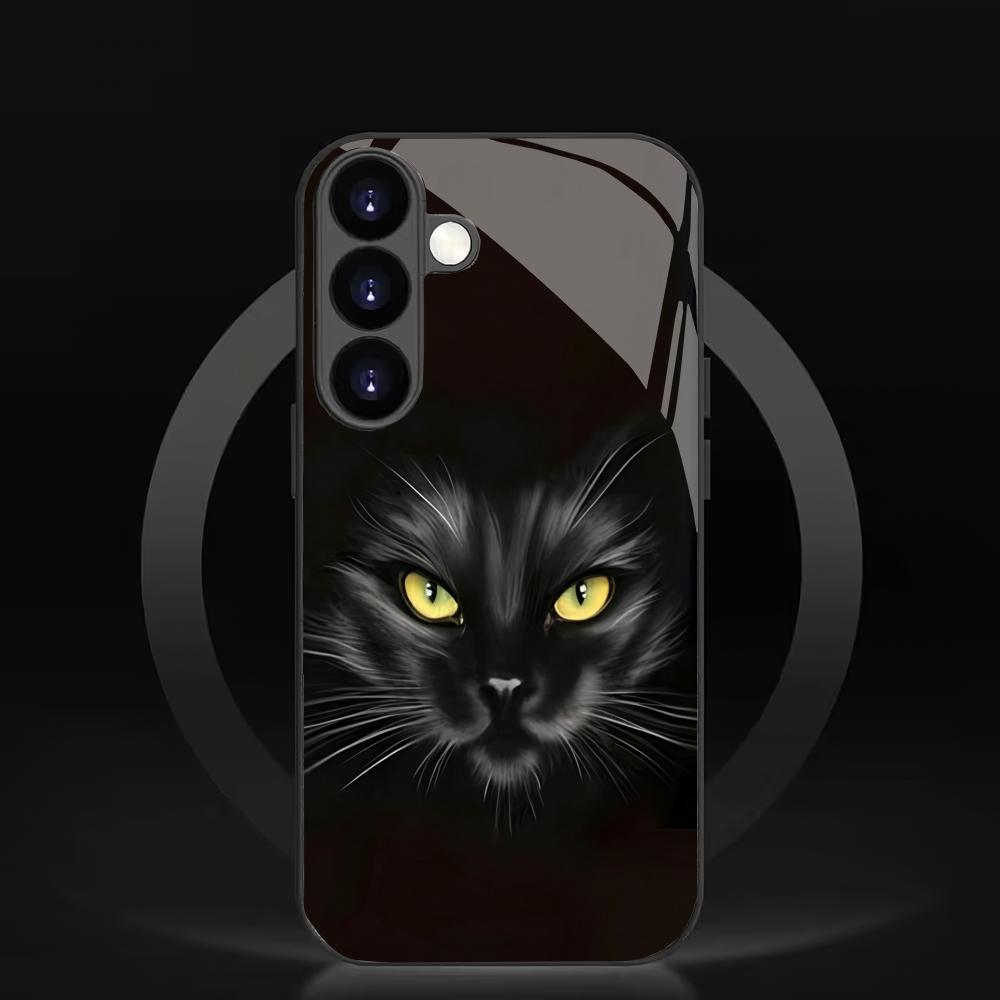 Черный стеклянный чехол для телефона с кошкой, подходящий для Samsung Galaxy S26 S25 S24 S23 S22 S20 FE/Ultra/Plus, противоударная задняя крышка