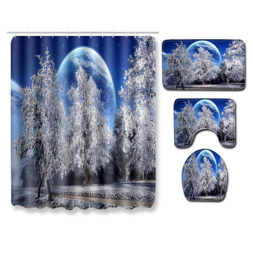 Landscape Shower Curtain Floor Mat Combination Four-Piece Set Bathroom Toilet Carpet Shower Room Mat Foot Mat
