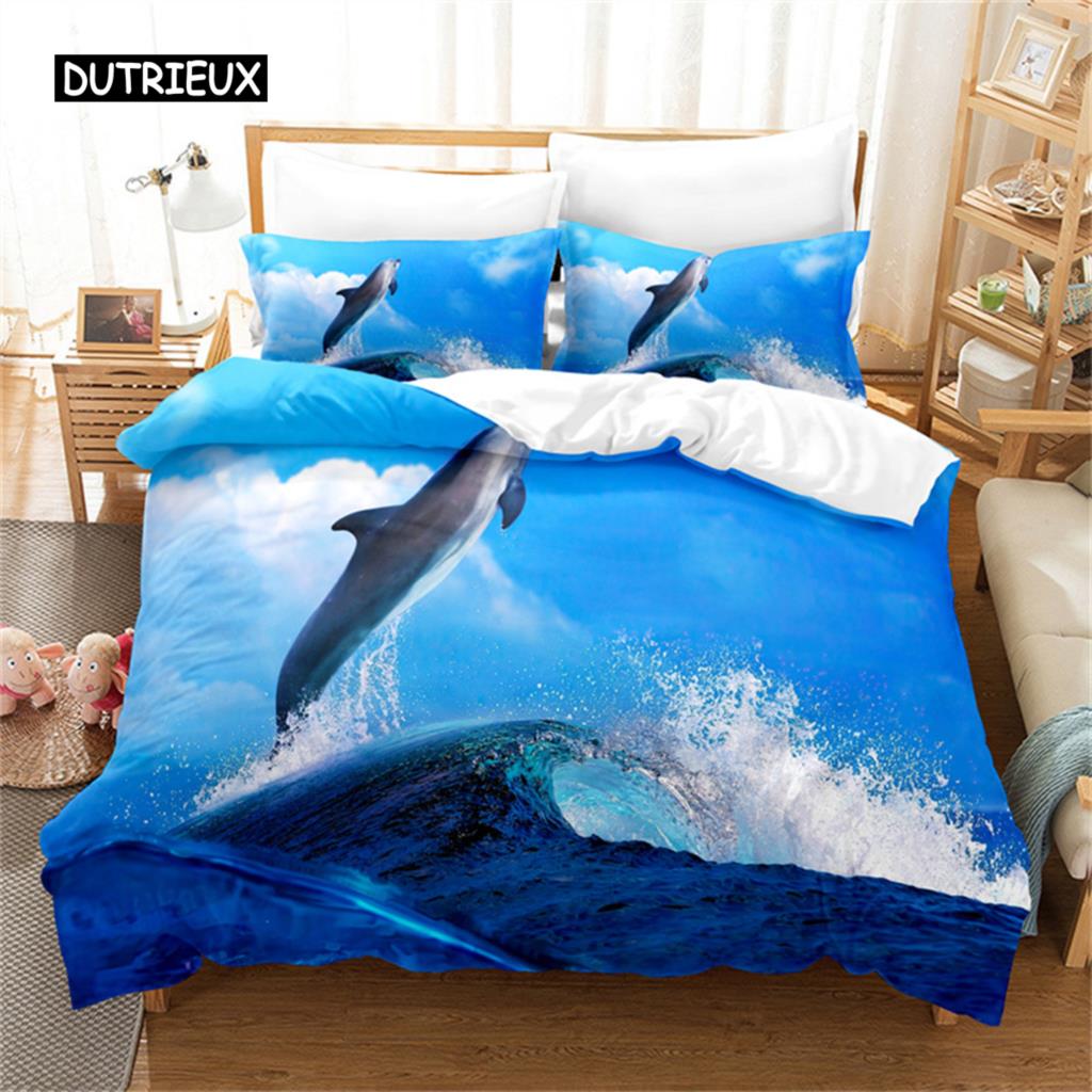 Прекрасный пододеяльник с дельфинами, синий океан, морской комплект постельного белья с изображением животных размера «queen-king», покрывало для женщин и девочек, украшение для спальни