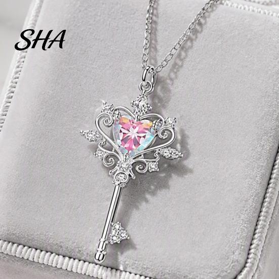 Silver Tone Magic Key Chain Pendant Necklace, Pink Cubic Zirconia Heart Trendy Girly Style Necklace Rhinestone Sweet Fairy Jewelry for Women