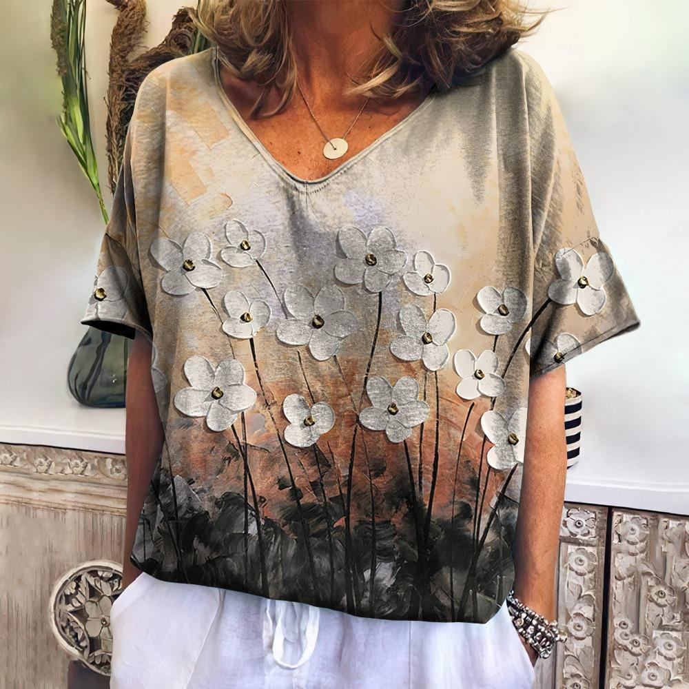 3D Art Print Tops Свободные футболки с коротким рукавом Летняя уличная мода Повседневные свободные женские футболки с V-образным вырезом Женская одежда