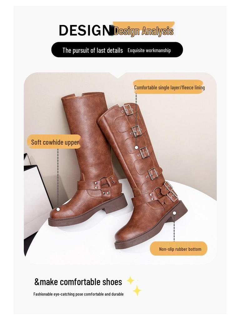 Женские винтажные коричневые ботфорты из натуральной кожи в стиле рыцаря и ковбоя