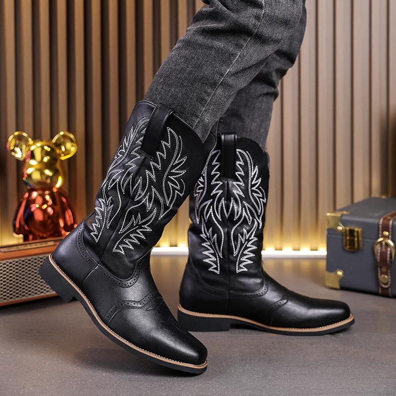 Autumn Winter Long Boots Retro Embroidered High Boots Outdoor Western Cowboy Knight Boots Men Pointed Sewn Carved Spliced Shoes