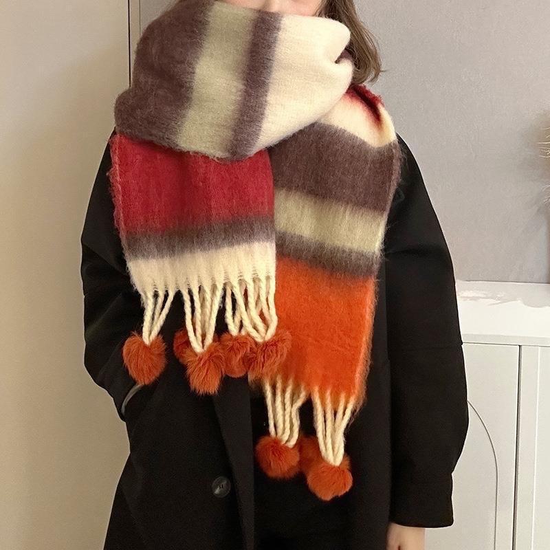 Дофаминовый мохеровый студенческий шарф Женский осенне-зимний тренд Радужный полосатый шарф Меховой помпон для тепла