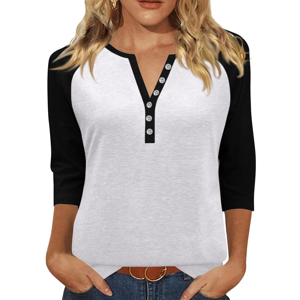 Жен. Футболка С принтом Пуговицы Рукав 3/4 Повседневные Выходные Мода Классический Классический V-образный вырез Обычный Верх