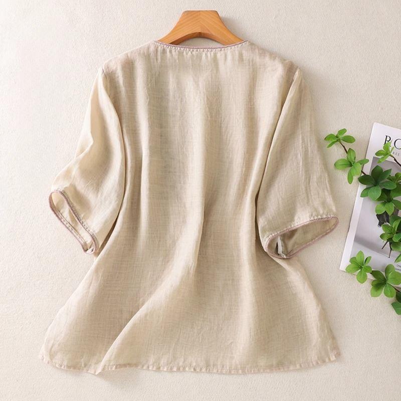 Топы в китайском стиле ретро из хлопка и льна для женщин летние тонкие свободные футболки с коротким рукавом
