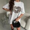 Summer Leopard Printed Pure Cotton T-shirts Women Harajuku Oversized Short Sleeve Gray Y2k Tops Streetwear Casual T Shirt Female