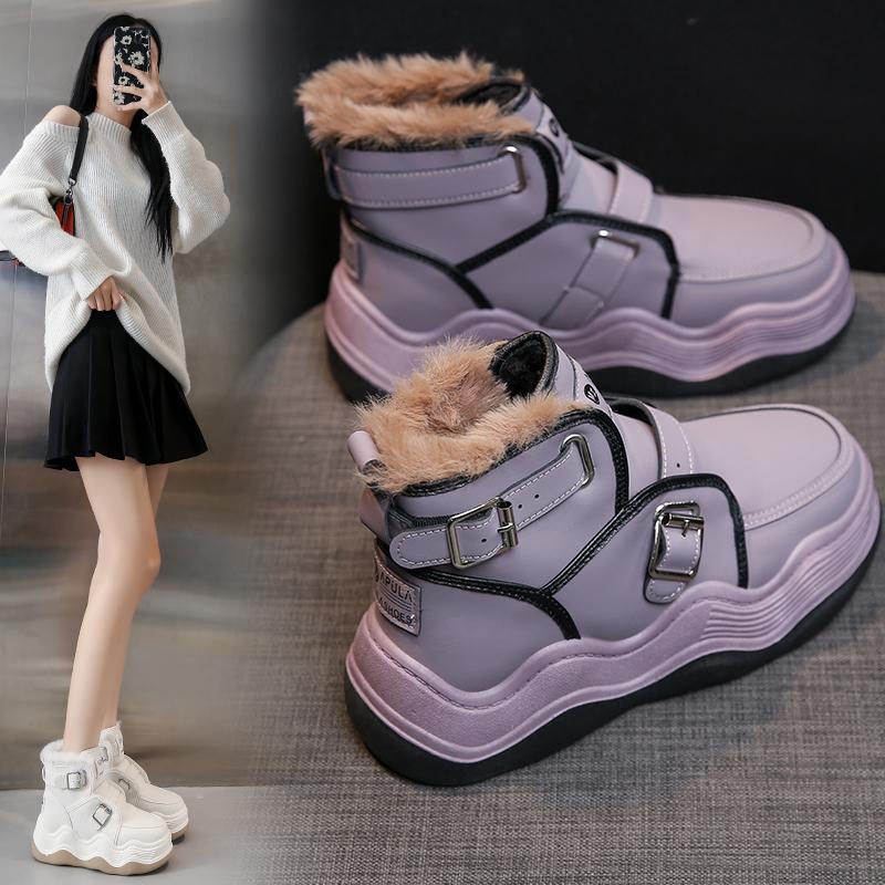 2024 Новый стиль, утолщенные высокие женские туфли с флисовой подкладкой, модные универсальные хлопковые короткие белые туфли-трубы для летнего сезона