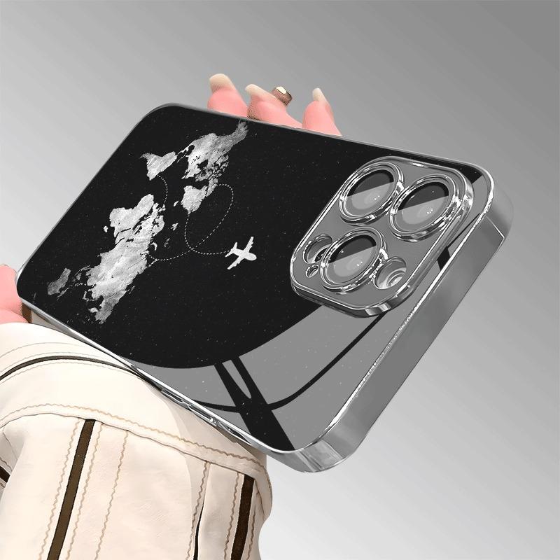 Минималистичный узор маршрутов самолетов Стеклянный гальванизированный чехол для телефона Для iPhone 11 12 13 14 15 16 17 Pro Max 14 Plus 16E 17Air Чехол