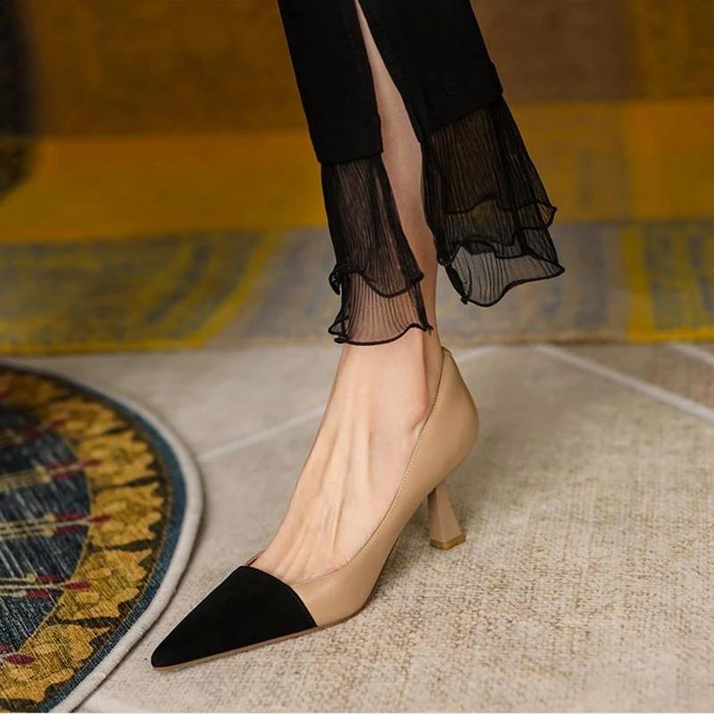 Женская обувь 2024 года, новые туфли-лодочки для женщин, осенние туфли с острым носком, разноцветные, с неглубоким воротом, на среднем каблуке, для офиса, повседневные туфли-лодочки
