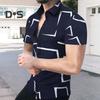 Летняя мужская рубашка с геометрическим принтом, однобортная, с короткими рукавами, приталенный топ, отложной воротник, средняя длина, контрастного цвета