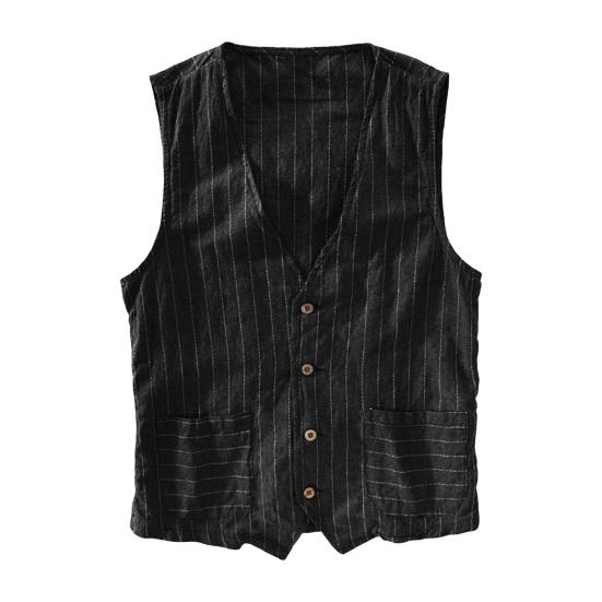 British Style Men Waistcoat V-neck Collarless Sleeveless Striped Print Vest Coat with Pockets Single Breasted Vest