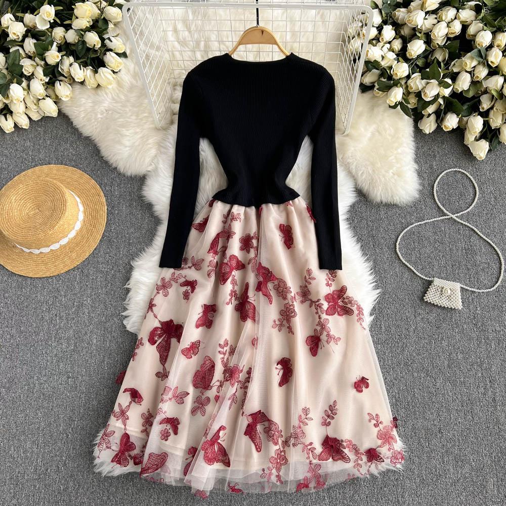 Осень-зима, женский повседневный вязаный свитер, сетчатые лоскутные платья, винтажное вечернее платье миди из тюля с v-образным вырезом и вышивкой-бабочкой