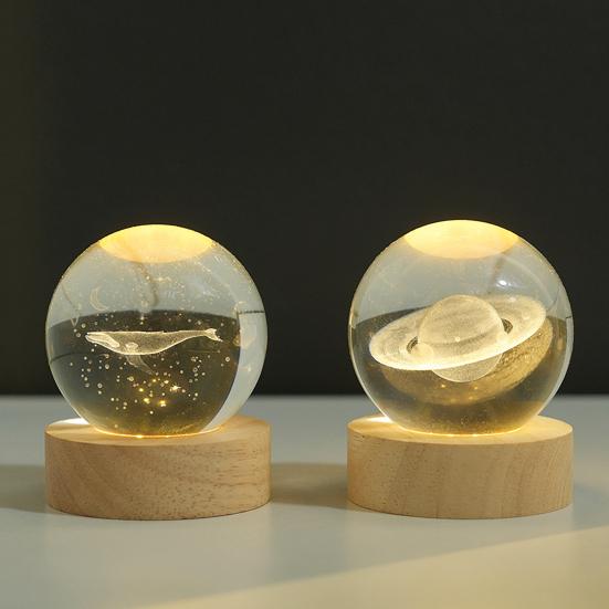 Ночной светильник из искусственного хрустального шара с деревянной основой, 3D-гравировка Солнечной системы, планета, прозрачная сфера