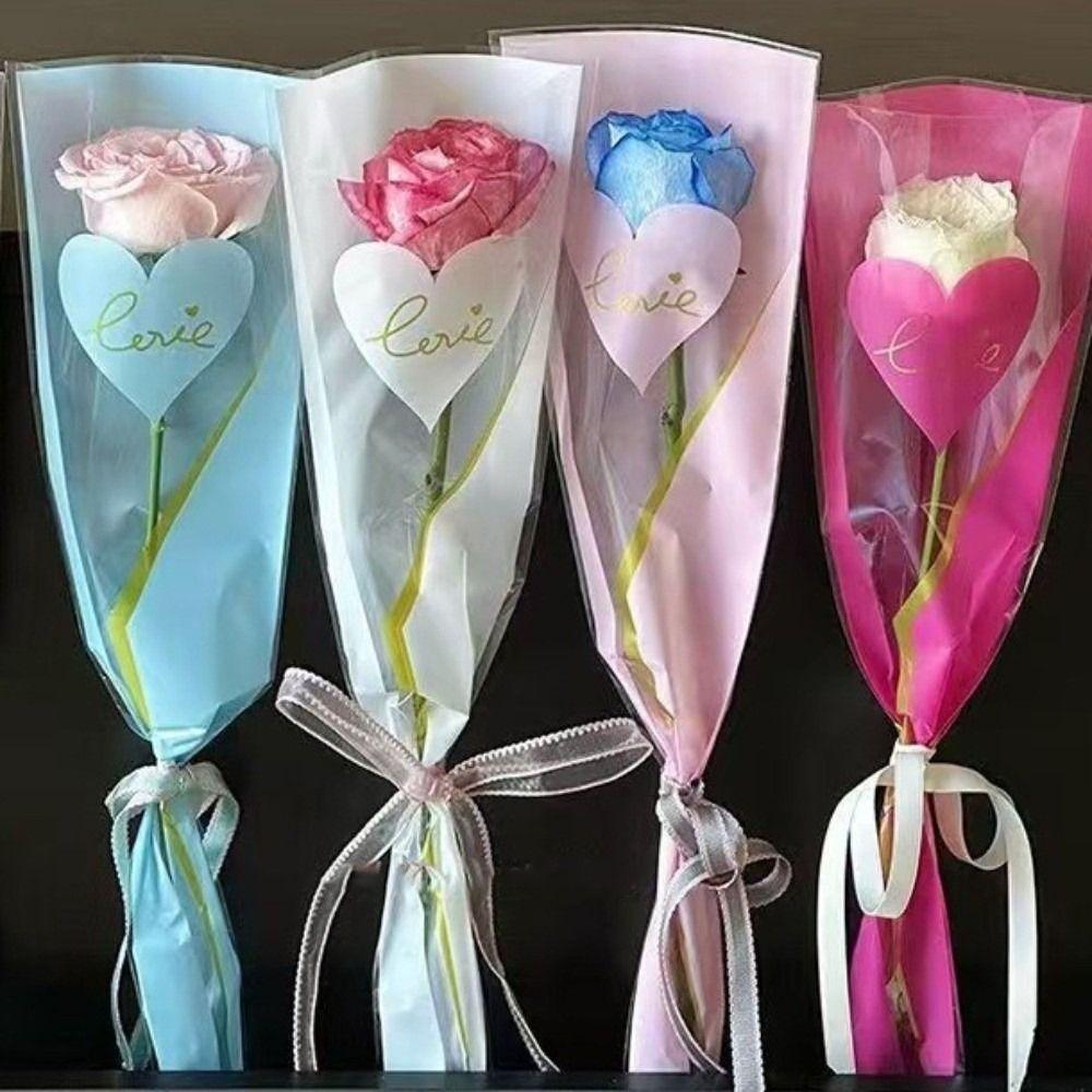 50pcs DIY Single Rose Sleeves Transparent Flower Wrapping Packa New Bouquet Packaging Sleeve
