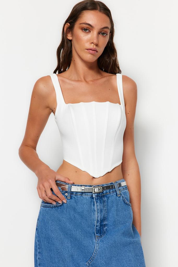 Women's Fashion New Blouse Ecru Strappy Corset Woven Blouse