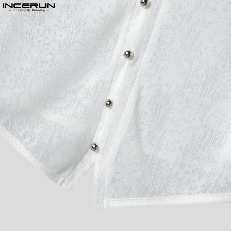 INCERUN Summer Men U Neck Sleeveless Buttons Lace Mesh Sheer Casual Tank Tops