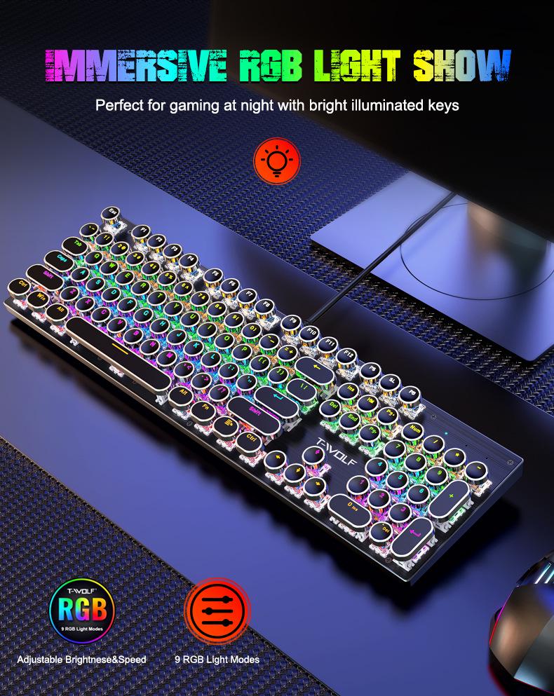 Механическая игровая клавиатура T-WOLF T75 с RGB-подсветкой, синими переключателями и круглыми кейкапами в стиле панк