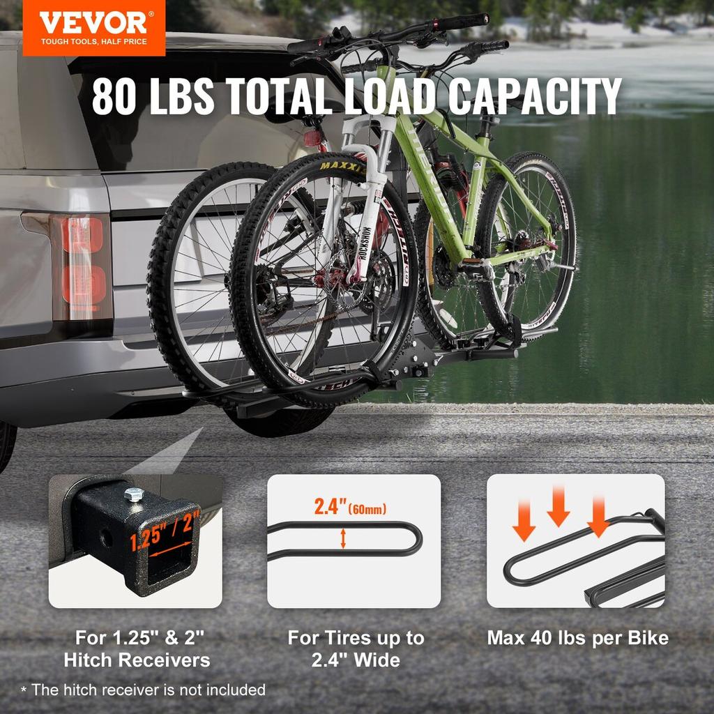 Hitch Mount Bike Rack, 2-Bike Platform Style, 80 LBS Max Capacity Bike Rack Hitch for 1.25-/2-inch Receiver, Titling and Folding Bike Carrier with