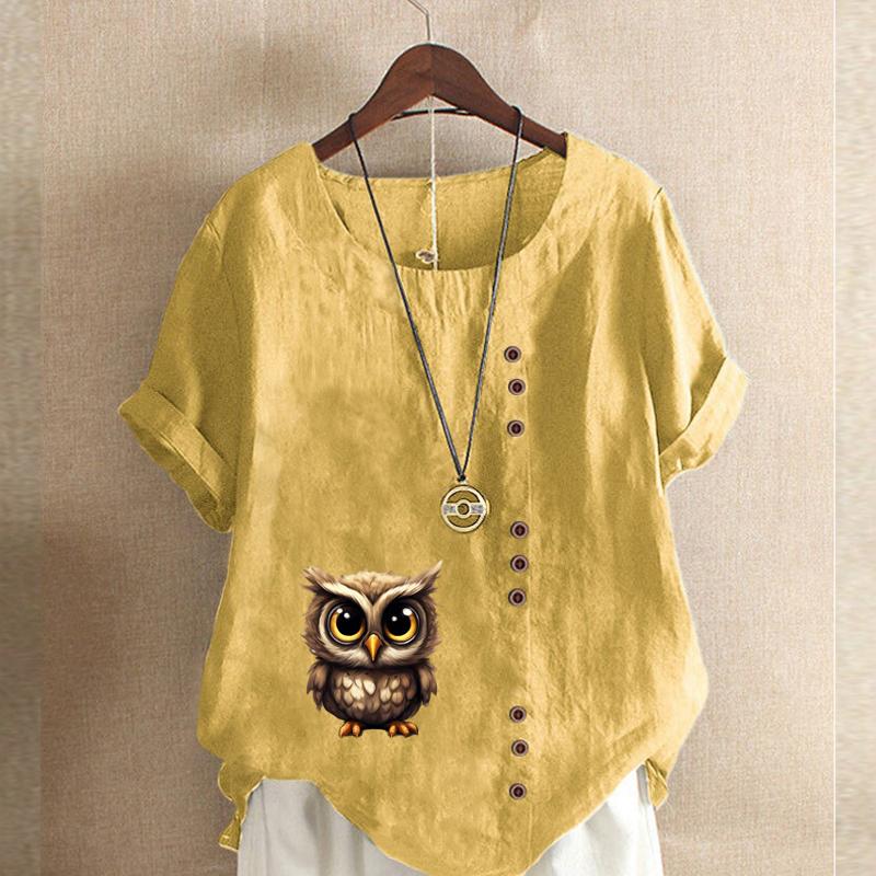 Women's Fashion Owl Prined Short Sleeve T-shirt Loose Cotton Shirt Casual Loose Summer Blouse Tops Plus Size