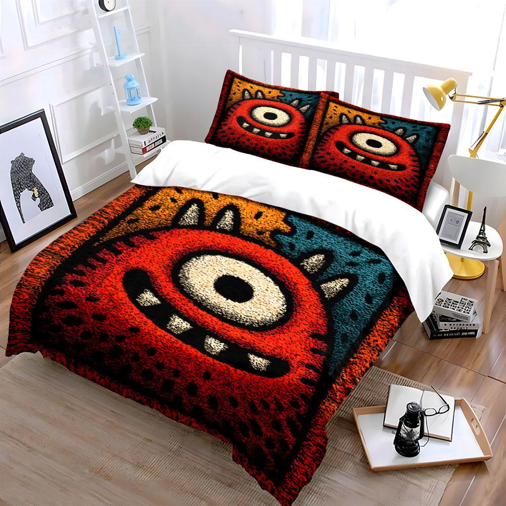 Cute Red Monster Cartoon Pattern Bedding Duvet Cover Set (1*Duvet Cover 2*Pillowcases, without duvet insert)