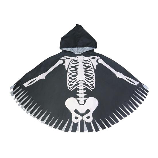Halloween Skeleton Poncho Hooded Skeleton Cape Halloween Party Costume Cosplay Outfit for Kids Adults