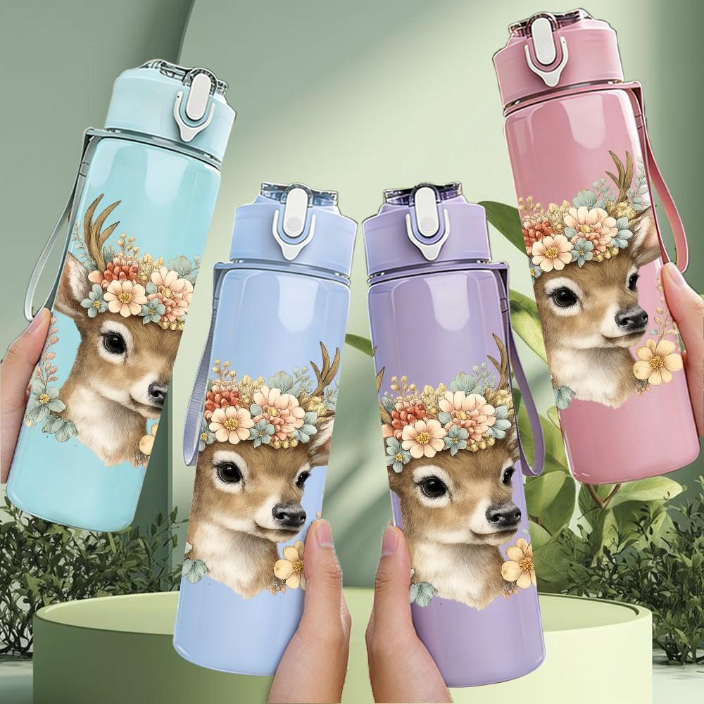 1PC Autumn Floral Deer Head 750ml Color Plastic Sports Water Bottle Leakproof Flip Straw Lid Suitable for Sports Office Home Use