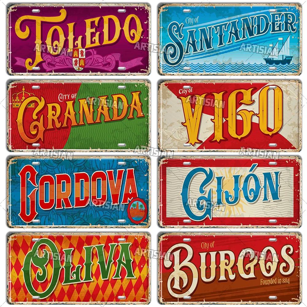 Artisan SPAIN License Plate Metal Sign City Landmark Wall Decor Decorative Vehicle Plate for Bar Pub Club Hotel Cafe Wall Art