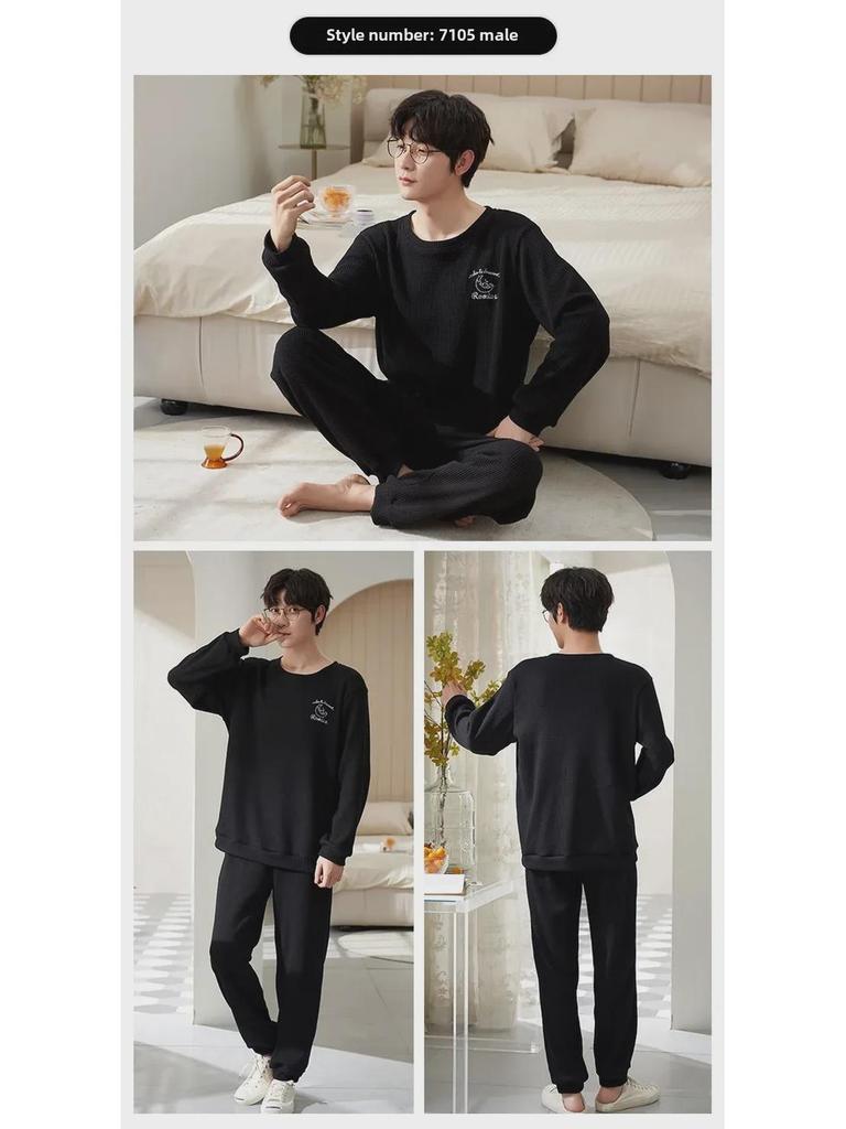 Мужская свободная вафельная пижама с рисунком из мультфильма - длинный рукав, чистый хлопок, большой размер