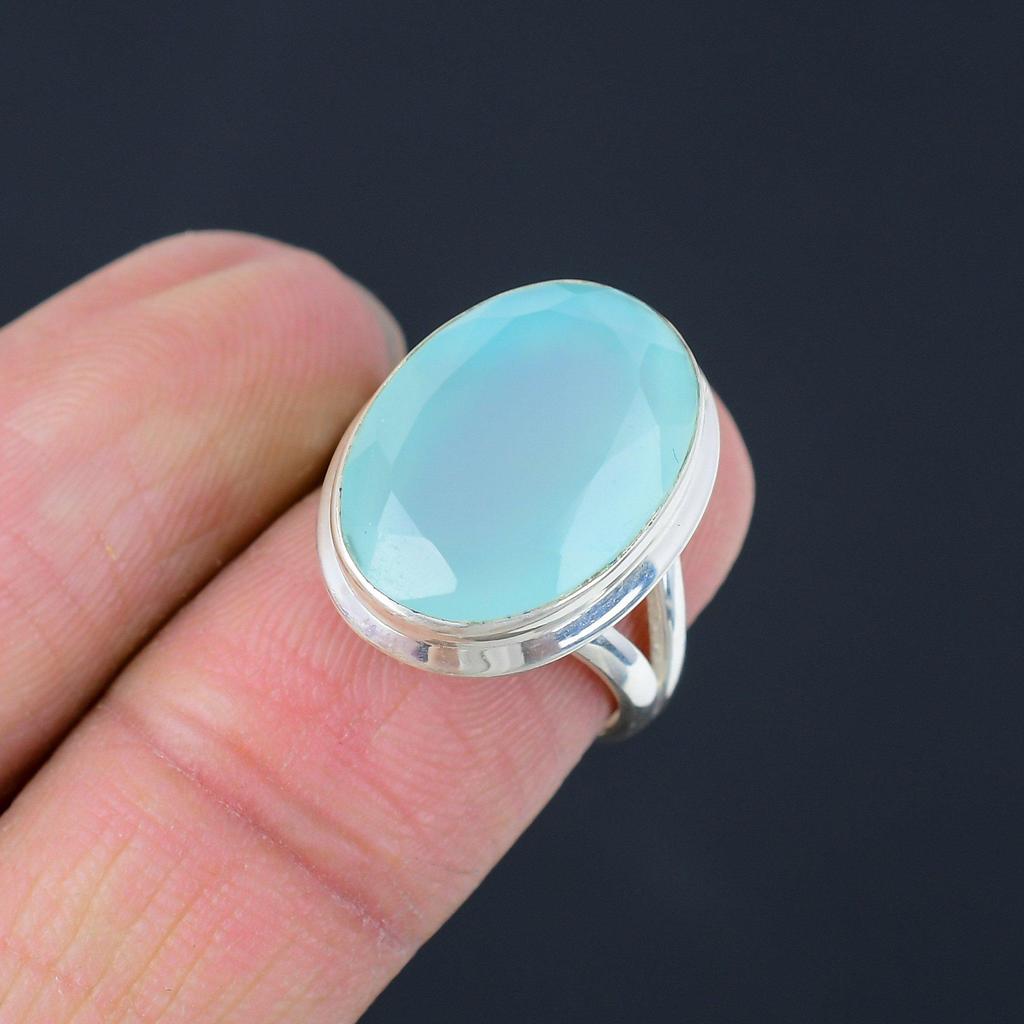 Ограненный натуральный драгоценный камень халцедон, твердое серебро 925 пробы ручной работы, подарок для ее кольца, ювелирные изделия