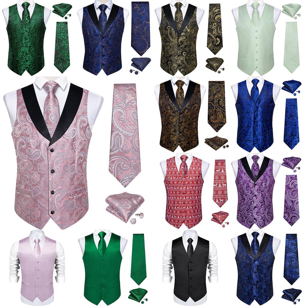 Mens Silk Slim Waistcoat Dark Purple Paisley Wedding Suit Vest Tie Cufflinks Set