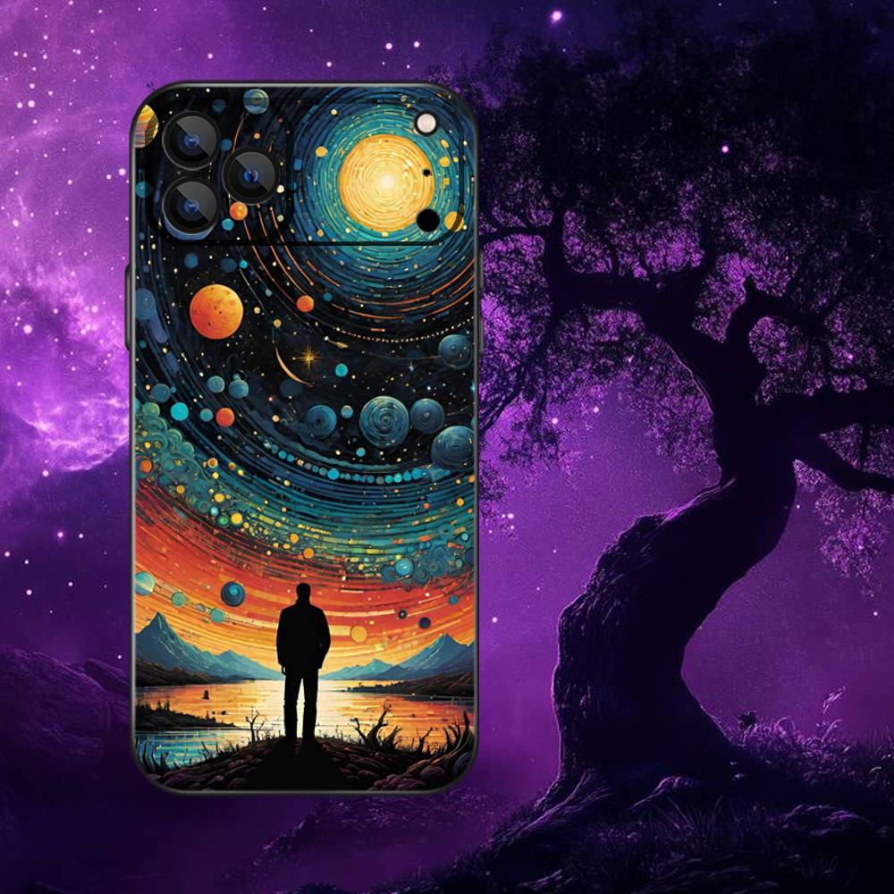 Starry Sky Art Trees Phone Case For iPhone 17,16,15,14,13,12,11,Pro Max,XSX,,XR,SE,Mini,8,7,Soft Silicone Black Cover