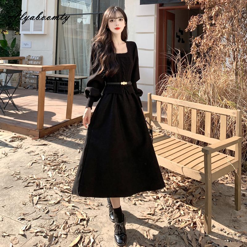 Корейский стиль Осень Зима Женское миди-платье Квадратный вырез Вязаный пэчворк Повседневное свободное платье с поясом Элегантное женственное винтажное платье