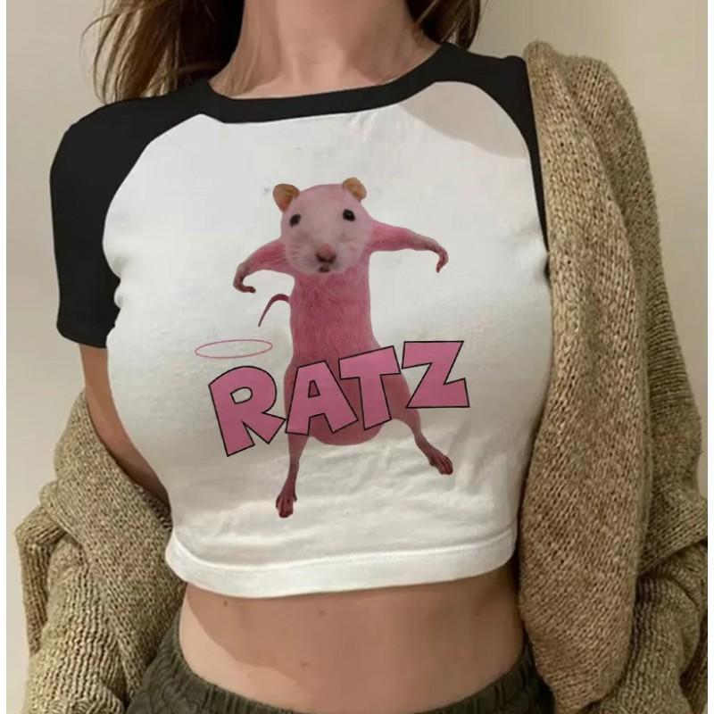 2026 Y2K Retro Crop Top Womens Short Sleeve T-Shirt Loose Fit Round Neck Casual Streetwear