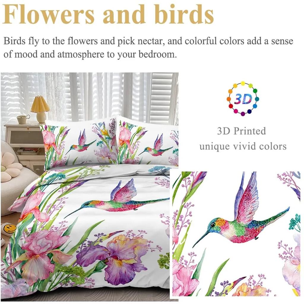 Пододеяльник с тропическими птицами, акварельными колибри, цветами, постельным бельем для двоих, экзотической дикой природой, белым абстрактным полиэстеровым одеялом