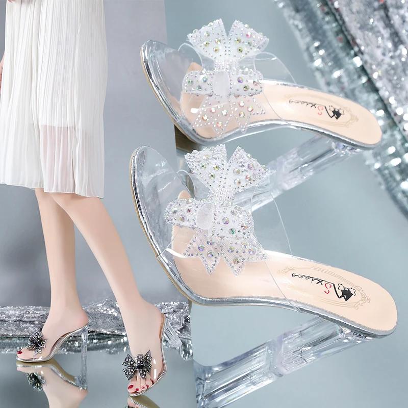 Летние новые босоножки Wind, прозрачные, сексуальные, с кристаллами, на высоком каблуке, верхняя одежда, сетчатая, красная, на толстом каблуке, удобная женская обувь