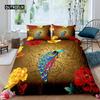 Peacock Duvet Cover Set Microfiber Gorgeous Blue Feather Comforter Cover Pink Flower Soft 2/3Pcs Birds Animal Theme Quilt Cover