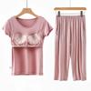 Women's Spring and Summer Thin Round Neck with Bra Pads Solid Colour Short Sleeved + Casual Seven Trousers Homewear Two Piece Set